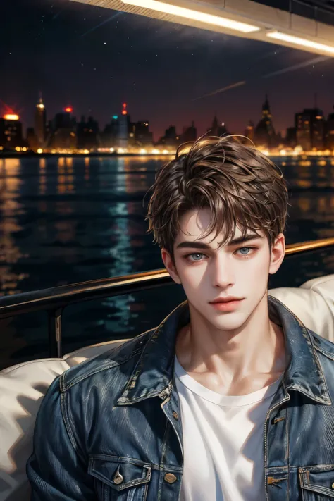 masterpiece:1.8, handsome teen boy, new york city lights, perfect face:1.1, Looking at Viewer,