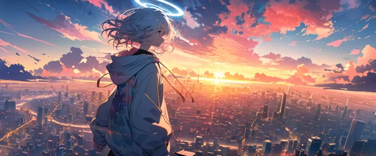 angelic, detailed woman who is walking, woman wearing hoodie, a halo of angels above the woman, highest billding in city, road, sunrise, horizon, skyline, in the sky, city of clouds, colorful, high-res, 8K