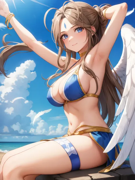 Armpit Show,(masterpiece),View your viewers,smile,Big Breasts,highest quality, High resolution, Belldandy, Long Hair, blue eyes, Brown Hair, Facial blemishes, Forehead mark, gloves, wing, choker, bracelet, ring, feather, angel wing, Side view:0.6, (For res...