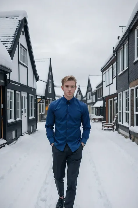 handsome men,empty blue shirt, ,dutch angle ,snow ,village