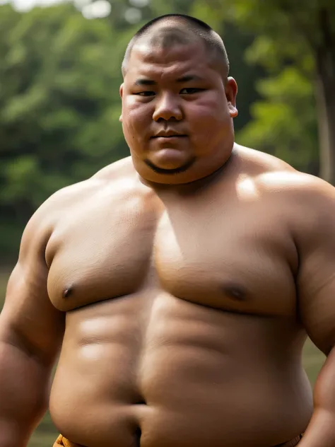 A young monk from ancient Japan, who looks like a fat bodybuilder like a sumo wrestler、He was standing there with a sunburned face and a haggard look on his face.
