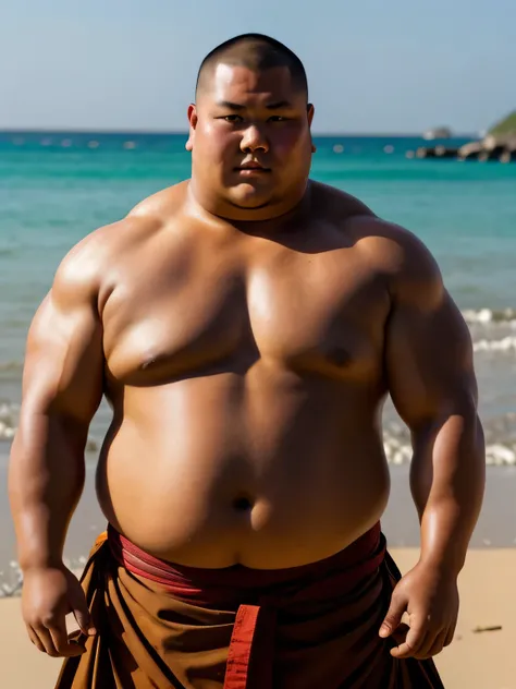 A young monk from ancient Japan, who looks like a fat bodybuilder like a sumo wrestler、He was standing there with a sunburned face and a haggard look on his face.
