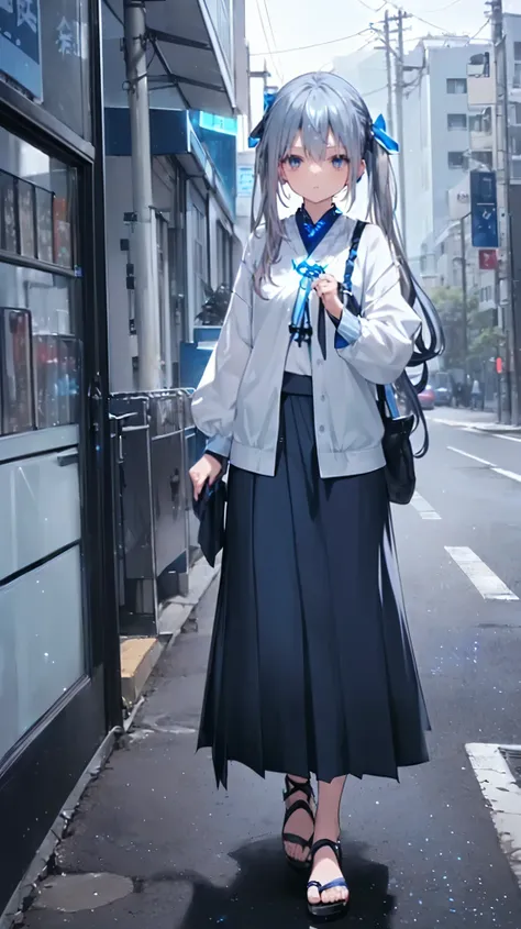 blue glowing、(((黒blue glowing瞳 )))、((((Dark blue )))) 、((((Blue poi silver hair))))、(((Two Side Up Hair)))、(((Casual clothes)))、((((Casual maxi skirt))))