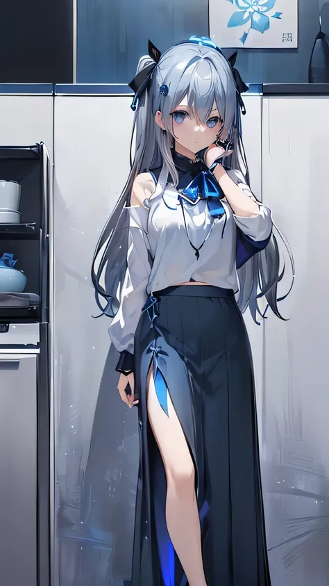 blue glowing、(((Black blue glowing eyes )))、((((Dark blue )))) 、((((Blue poi silver hair))))、(((Two Side Up Hair)))、(((Casual clothes)))、((((Casual maxi skirt))))