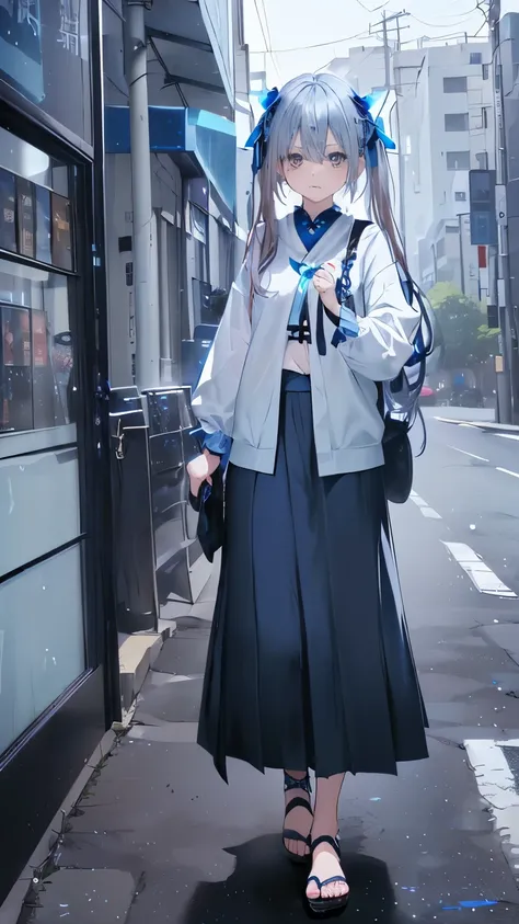 blue glowing、(((黒blue glowing瞳 )))、((((Dark blue )))) 、((((Blue poi silver hair))))、(((Two Side Up Hair)))、(((Casual clothes)))、((((Casual maxi skirt))))