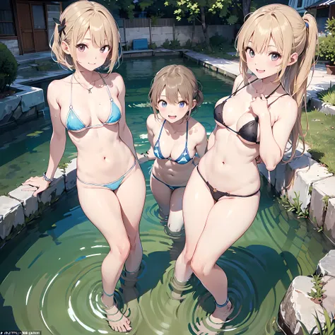 ((masterpiece, best quality, ultra quality, high quality, hyper detailed, intricate detailed, perfect anatomy, shiny skin, cowboy shot,)), (3women are posing for a camera in the water), Laughing with your mouth open,  brown hair, blond hair, navel, jewelry...