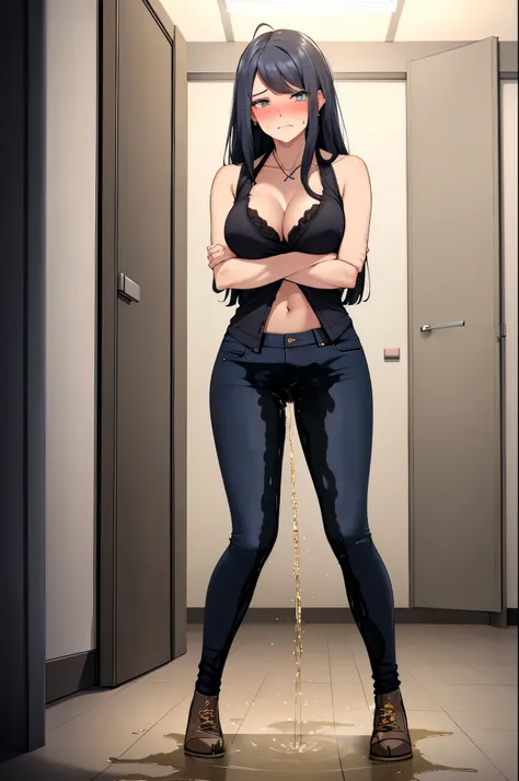 A woman with very long black hair and (very long bangs:1.5), topless and wearing tight jeans, standing. The artwork is inspired by manga and incorporates a doujin style. The woman appears to be (wetting herself:1.5), which causes her to feel embarrassed an...