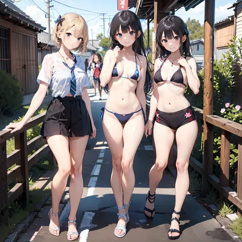 ((masterpiece, best quality, ultra quality, high quality, hyper detailed, intricate detailed, perfect anatomy, shiny skin, cowboy shot,)), (3women are posing for a camera), In a Japanese hot spring, Laughing with your mouth open,  brown hair, blond hair, n...