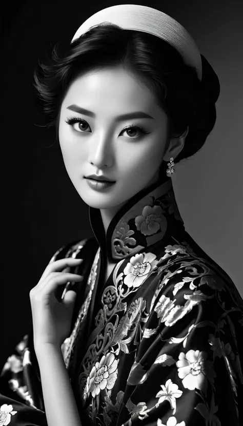 black and white photography，stereoscopic photography，high definition，chinese beauty，pretty，lively，generous，eyes with spirit，movi...