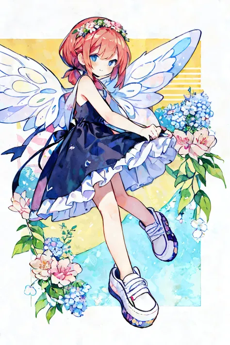 Pastel Watercolor、redhead, 1 girl, Four fairy wings on his back、summer👗、ハート型のsummer flowerwreath background:1.0、white, high ponytail、platform sneakers、smile、Up from the side