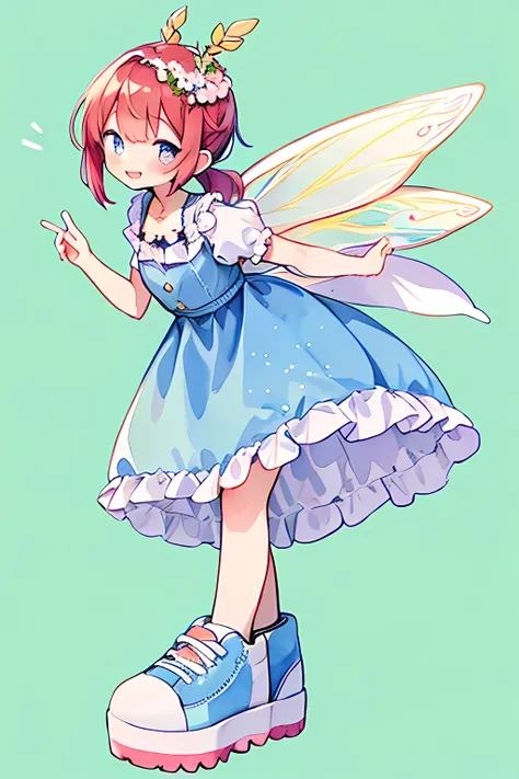 Pastel Watercolor、redhead, 1 girl, Four fairy wings on his back、summer👗、ハート型のsummer flowerwreath background:1.0、white, high ponytail、platform sneakers、smile、Up from the side