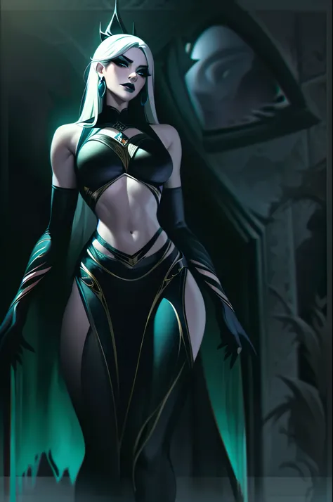 A young woman wearing a belly dancer suit and partially nude. The color palette is dominated by deep shades of green and black. Details in purple and dark green stand out, adding a dark and sinister atmosphere. Her skin is pale, almost translucent, and has...