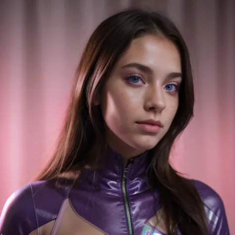 photo of a college student, in purple pink, futuristic space suit, (freckles:0.8) cute face, sci-fi, dystopian, detailed eyes, h...