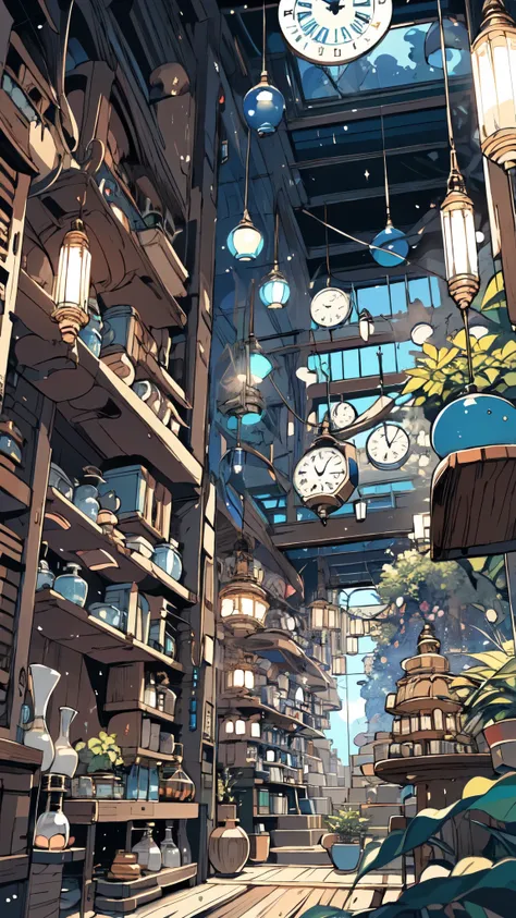 (masterpiece:1.2), highest quality,pixiv, night view, scenery, there are no humans, window, plant, potted plant, indoors, shelf, wooden floor, lanthanum, lamp, Book, Bookshelf, blurry, table, bottle, Depth of the bounds written, Chair, cup, fantasy, Barrel...