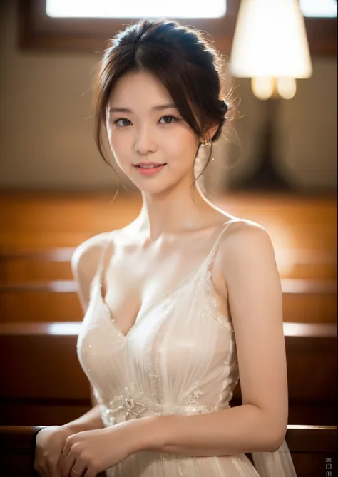 Beautiful 19 year old  woman。She is wearing a classical dress that is  calm color dress with many frills. She is shy smiling on illuminated by the evening church lights ,so her mouth is closed. romantic sunset. her dark brown hair. High resolution、masterpi...