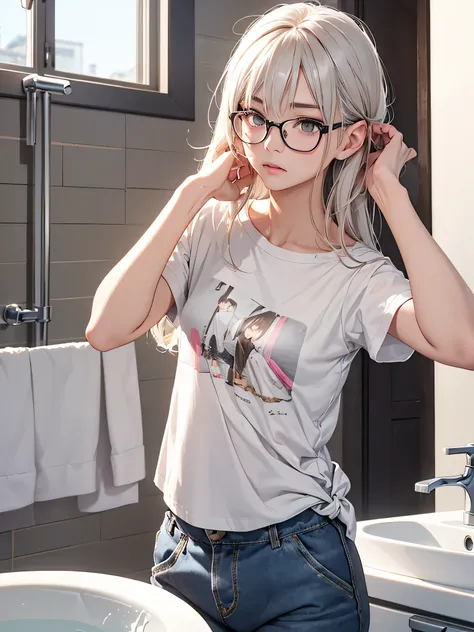 highest quality、Realistic、woman、Japanese、zoom、look up、cute、morning、Wash basin、Waking up、Looks sleepy、Gray Eyes、Platinum Blonde Hair、casually tied hair、Messy Hair、Glasses、Yoreyore T-shirt、.Shorts、stretch、Yawn、slender、Small breasts、Face close-up