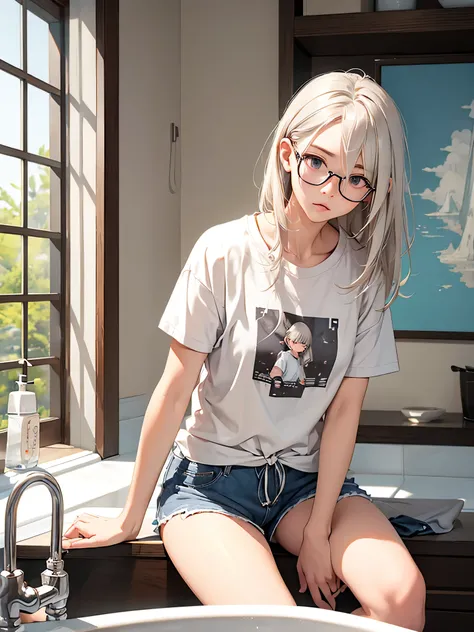 highest quality、Realistic、woman、Japanese、zoom、look up、cute、morning、Wash basin、Waking up、Looks sleepy、Gray Eyes、Platinum Blonde Hair、casually tied hair、Messy Hair、Glasses、Yoreyore T-shirt、.Shorts、stretch、Yawn、slender、Small breasts、Face close-up