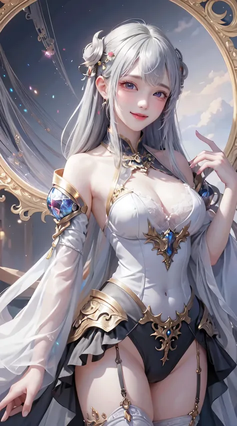 masterpiece, highest quality, highest quality, Official Art, beautifully、aesthetic:1.2, One girl:1.3, Very detailed, Fractal Art:1.3, colorful, Most detailed、((Gray Hair)),sideboob,