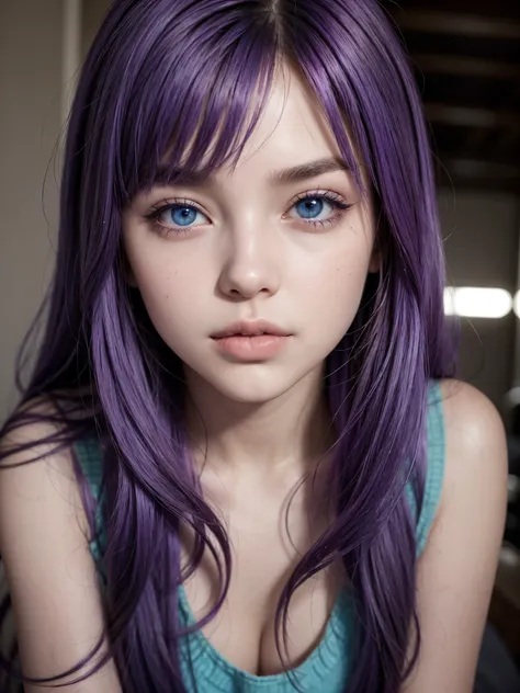 Hot girl, purple hair, blue eyes, kissing