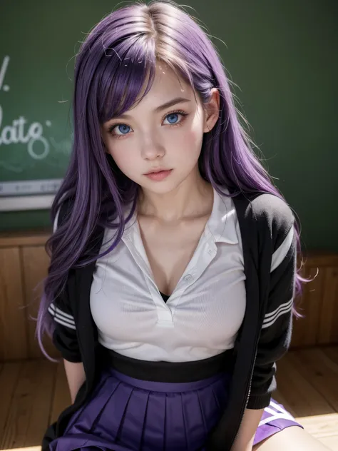 Hot girl, purple hair, blue eyes, sexy pose, black mini skirt, school clothes