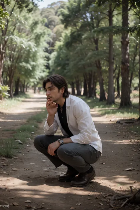 hombre hablando 
sobre un leon en el bosque 


