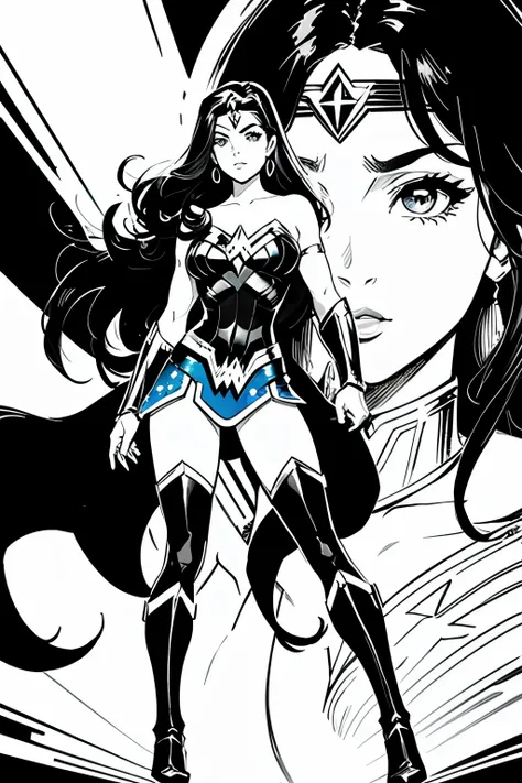 wonder wonder woman by steve - jones, portrait of wonder woman, wonder woman, dc comics art style, retro line art, black on whit...