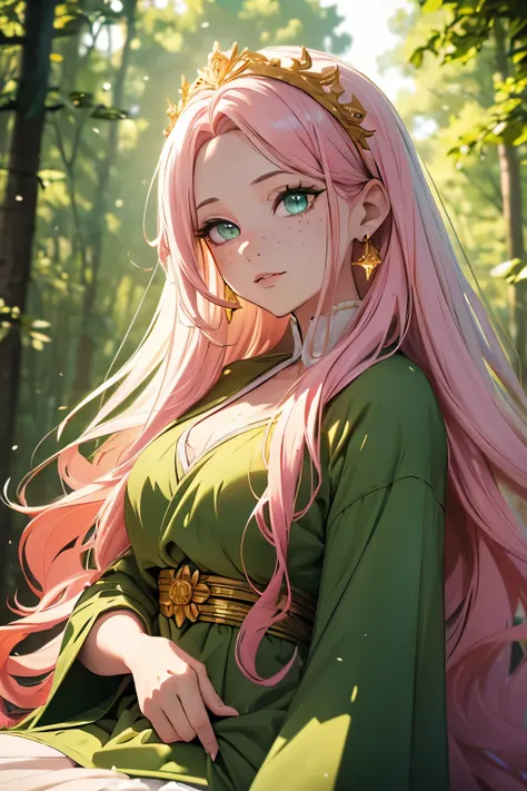 (best quality,4k,8k,highres,masterpiece:1.2),ultra-detailed,(realistic,photorealistic,photo-realistic:1.37),HDR,UHD,extremely detailed eyes and face,beautiful detailed eyes,green eyes with freckles under eyes,long eyelashes,pink hair,long pink hair,no bang...