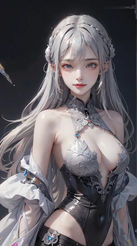 masterpiece, highest quality, highest quality, Official Art, beautifully、aesthetic:1.2, One girl:1.3, Very detailed, Fractal Art:1.3, colorful, Most detailed、((Gray Hair)),(sideboob:1.2),
