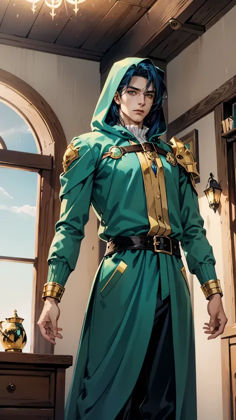 A man with short golden-blue hair, upward-flipped middle part bangs, handsome face, confident expression, golden eyes, he is hooded, a fantasy-style green-purple hooded coat, black undershirt, blue and white shoulder guards, wide cuffs, asymmetrical hem, a...