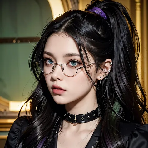 20 year old goth woman having light green eyes being coered by round sunglasses wearing a edgy gothic outfit having a long wavy black hair with violet highlights a piercing on her left ear and on the bottom corner of her lips theres a beauty mark 