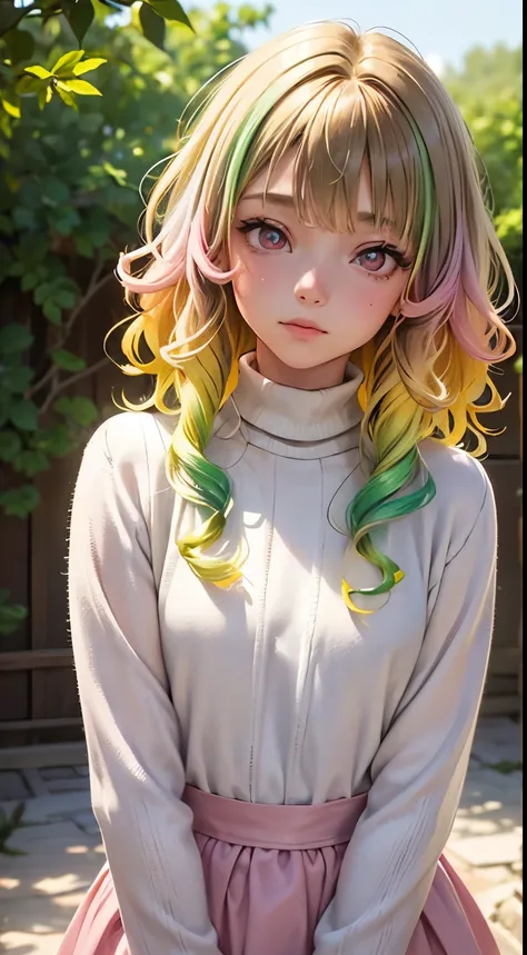 One woman, alone, alone Focus, Cowboy Shot, Portraiture,, Beaver,Half water color, Half Green, ((Brown Hair)), (Yellow Hair), (Gradient Hair :1.5), Curly Hair, ((Pink Eyes)), Ultra-detailed eyes, work, white knit, (Small TI quality, Very detailed,