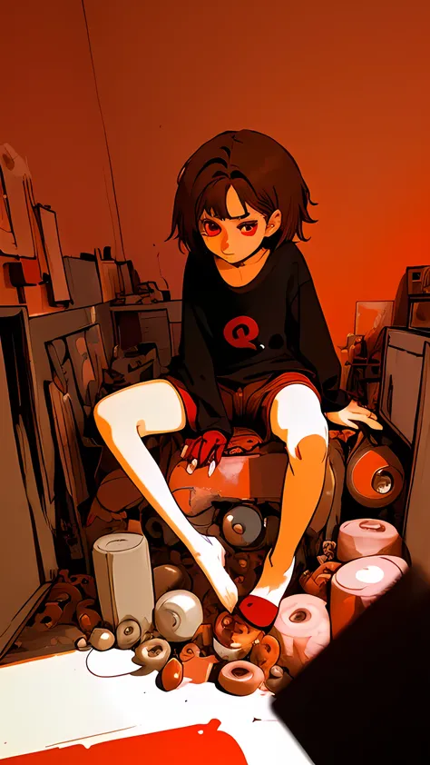 Girl with short brown messy hair, ojos rojos, buzo negro, wearing brown shorts, sitting in her room, color rojo, surrounded by red pills, cluttered room, dark room with a slight red light illuminating the girl&#39;s eyes, chica descuidada