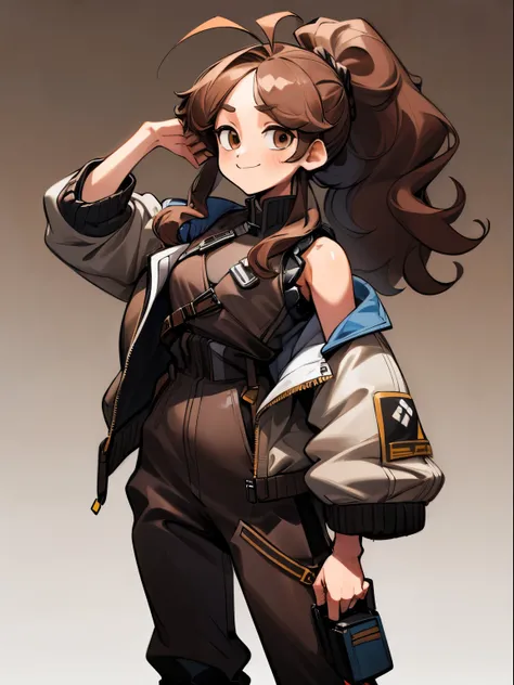 ((masterpiece, best quality)), (1girl), (solo), (female focus) (adult woman), (ahoge, brown hair, long hair, ponytail), brown eyes, light brown hair a little wavy, parted bangs, long locks, little smile (casual wear, sleeveless jacket), (open jacket), ((bl...