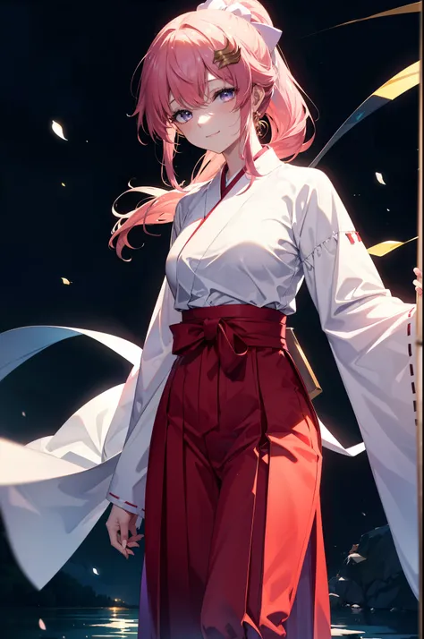 Lacas Klein, Klein Lake, (Purple eyes:1.1), hair ornaments, Long Hair, wave hair ornaments, Pink Hair, smile,Platycodon grandiflorum,Miko, White Kimono,Red Hakama ,White tabi,Sandals,kimono, As with the skirt, Wide sleeves, Long sleeve,Ribbon-trimmed sleev...