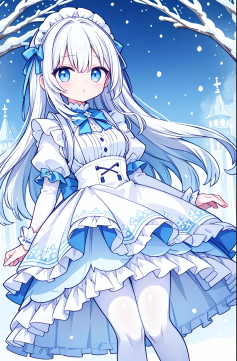 Long white hair，blue eyes，Light blue dress，Snow Scene，White pantyhose，，maid outfit