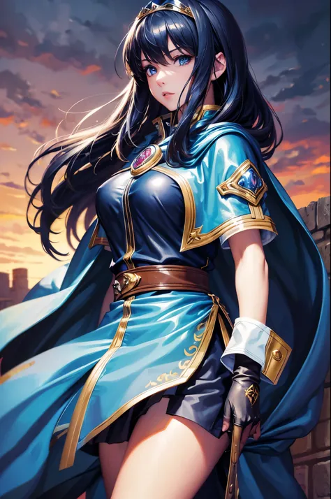 (masterpiece, best quality:1.2), expressive eyes, perfect face, highres,1girl, solo, (female:1.5), marth, long hair, tiara, cape...