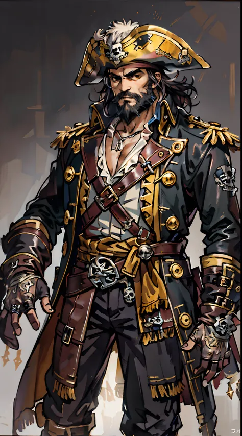 A middle-aged man with long black hair, medium length hair, wears a small round felt hat on his head, he has a cunning and sharp gaze, a beard, a tall and imposing figure, a fantasy-style pirate coat, sleeveless, exquisite stripes, a large skull pattern, h...