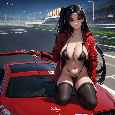 a woman wearing a long open red coat, wearing a black bikini, big breast, sunglasses on her head, smiling, long black stockings, long black hair, red eyes, full body, in a traditional racetrack next to a red racing car, holding a racing flag, perfect racin...