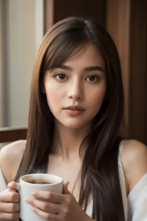 ((best quality)), ((masterpiece)), (detailed), perfect face, drinking coffee in the morning for breakfast, perfect hand