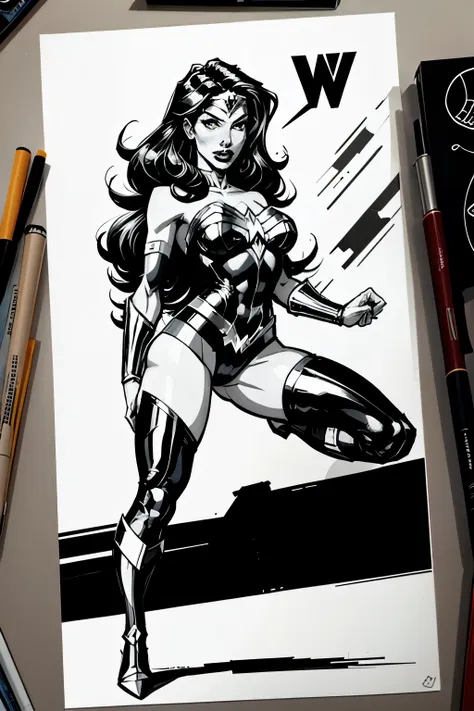 wonder wonder woman by steve - jones, portrait of wonder woman, wonder woman, dc comics art style, retro line art, black on whit...