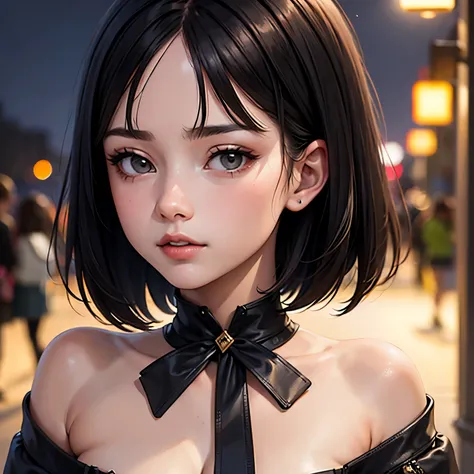 (Half Body Shot,Street lamp,moon),masterpiece, One girl, Solo Exhibitions, Beautiful woman on a busy street, Surrounded by peddlers, Beautiful Goddess Girl Portrait, Beautiful and elaborate face, Porcelain-like skin, (((Bust Shot, center, night, Black Hair...