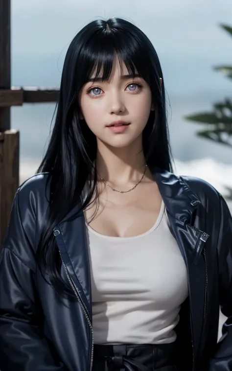 close up image of a person with long hair and a hoodie, hinata hyuga, hinata hyuga from naruto, from naruto, as an anime character, perfect anime face, she has dark blue hair with bangs, female anime character, anime characters, best anime girls, style him...