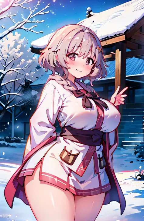 Anime illustration、highest quality、A short and voluptuous Ainu shrine maiden、Snow Country Port Town、Perfect proportions、overwhelmingly big breasts、Beautiful, shining eyes、Blushed、smile、Cowboy Shot