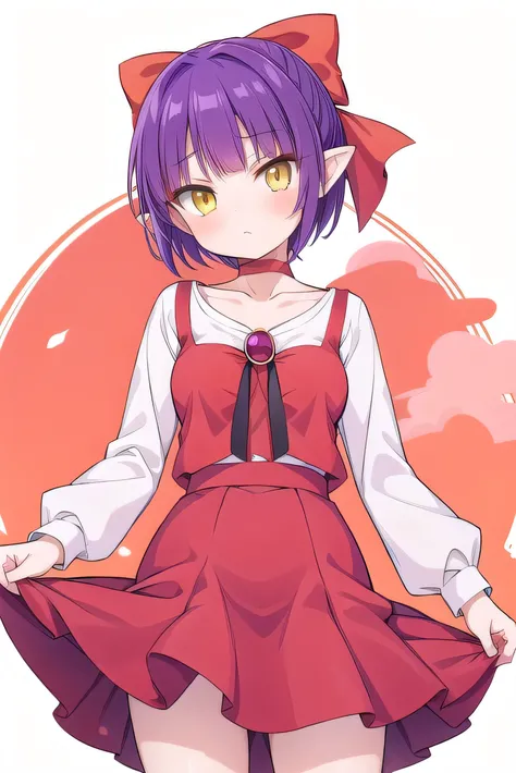 nmm1, nekomusume, nekomusume (gegege no kitarou 6), One girl, Purple Hair, Yellow Eyes, alone, Red dress, Red choker, Hair Bow, Pointed Ears, short hair, White shirt, Long sleeve, Red Bow, bangs, clavicle, brooch, jewelry,Skirt Hold,