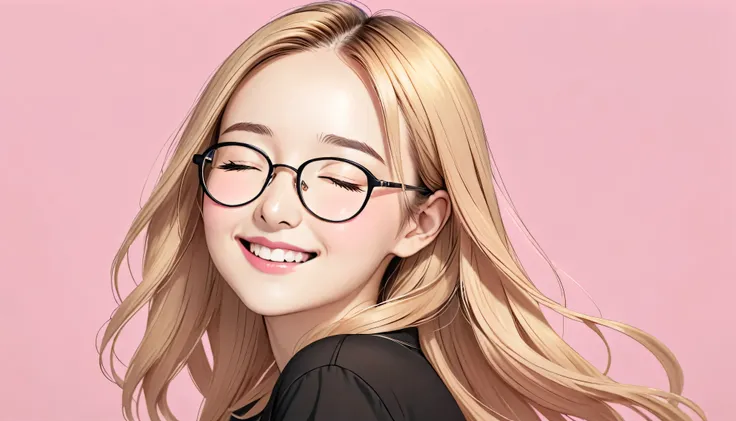 8K, HD, best quality, Illustration, 27s years old woman, solo, cartoon portrait, simple background, blonde long hair fluttering hair, pink lips, black shirt, black glasses, smile on her face, closed his eyes