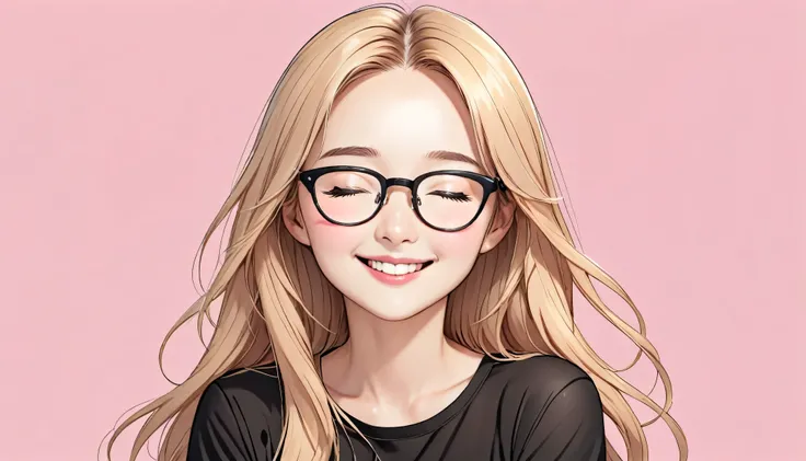 8K, HD, best quality, Illustration, 27s years old woman, solo, cartoon portrait, simple background, blonde long hair fluttering hair, pink lips, black shirt, black glasses, smile on her face, closed his eyes