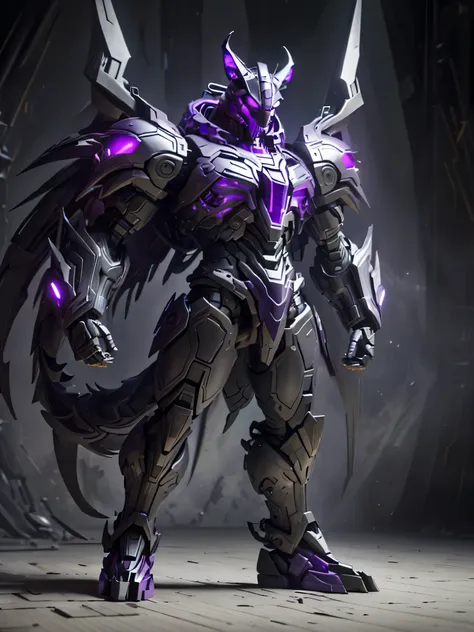 cybernetic, giant, purple, perfect, full body, entirely cybernetic, wolf body, symmetrical, horns on head