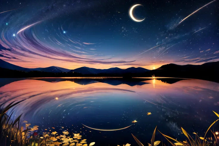 top quality, huge moon, night sky with fantastic meteor shower, starry sky reflected in the lake, fantastic atmosphere