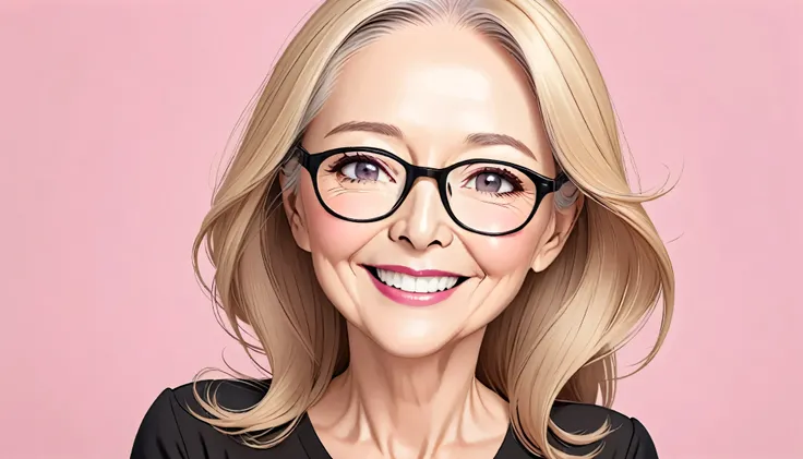 best quality, Illustration, 57s years old woman, solo, cartoon portrait, simple background, blonde long hair fluttering hair, pink lips, black shirt, black glasses, smile on her face, beautiful eyes with a look
