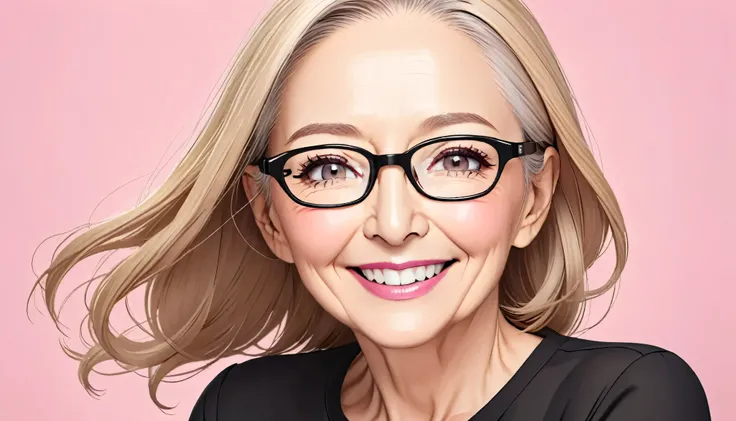 best quality, Illustration, 57s years old woman, solo, cartoon portrait, simple background, blonde long hair fluttering hair, pink lips, black shirt, black glasses, smile on her face, beautiful eyes with a look